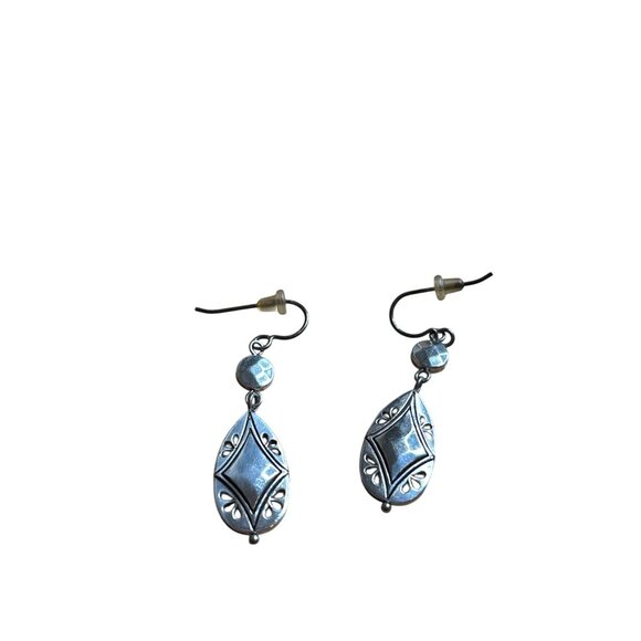 Silvertone Bead Dangle Earrings Boho Retro 1.25 inches - Picture 2 of 2